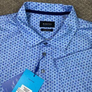 Bugatchi Polo Shirt Men's Large Periwinkle Blue 8 Way Stretch Golf Geometric NWT